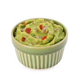 Bowl of delicious guacamole isolated on white