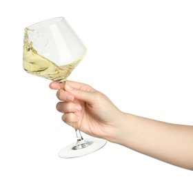 Woman with glass of wine isolated on white, closeup