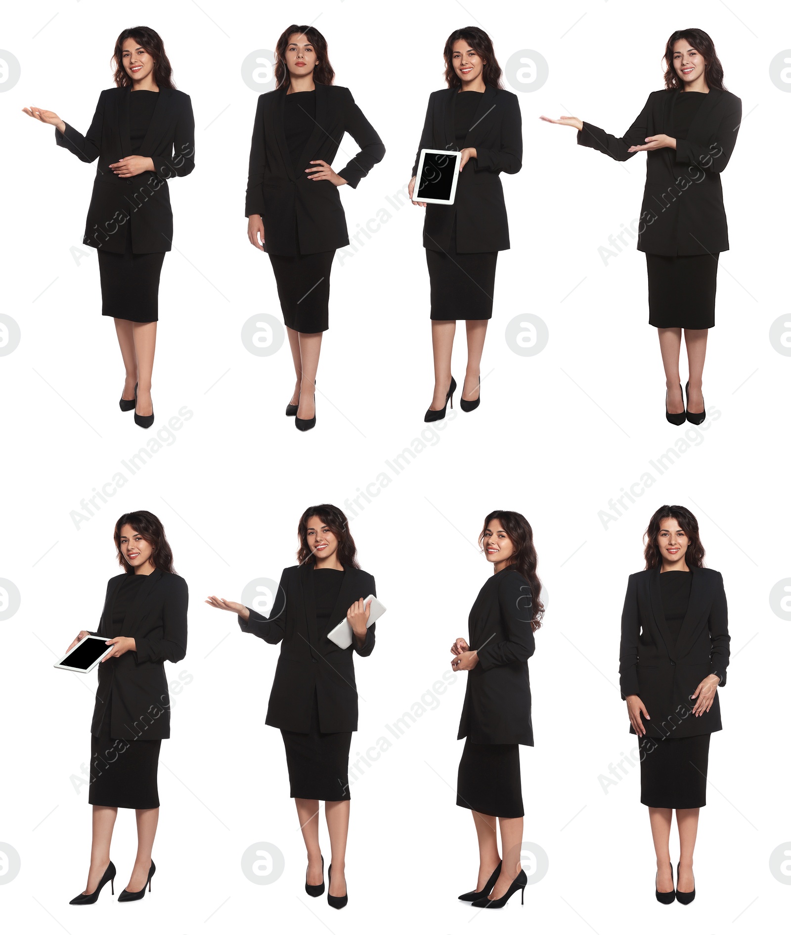 Image of Collage with photos of hostess in uniform on white background