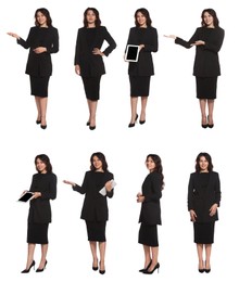 Collage with photos of hostess in uniform on white background