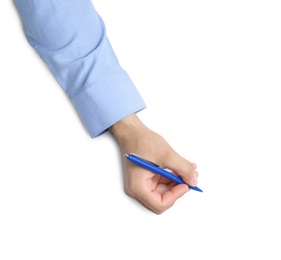 Photo of Man with pen on white background, top view. Closeup of hand