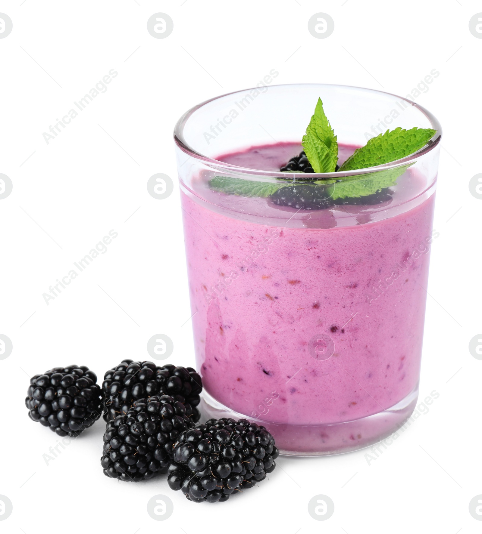 Photo of Delicious blackberry smoothie in glass on white background