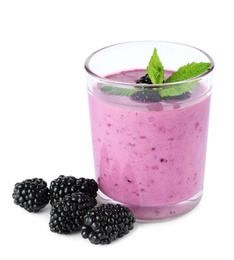 Photo of Delicious blackberry smoothie in glass on white background