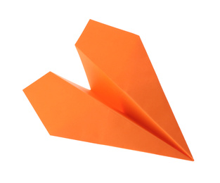 Photo of Handmade orange paper plane isolated on white