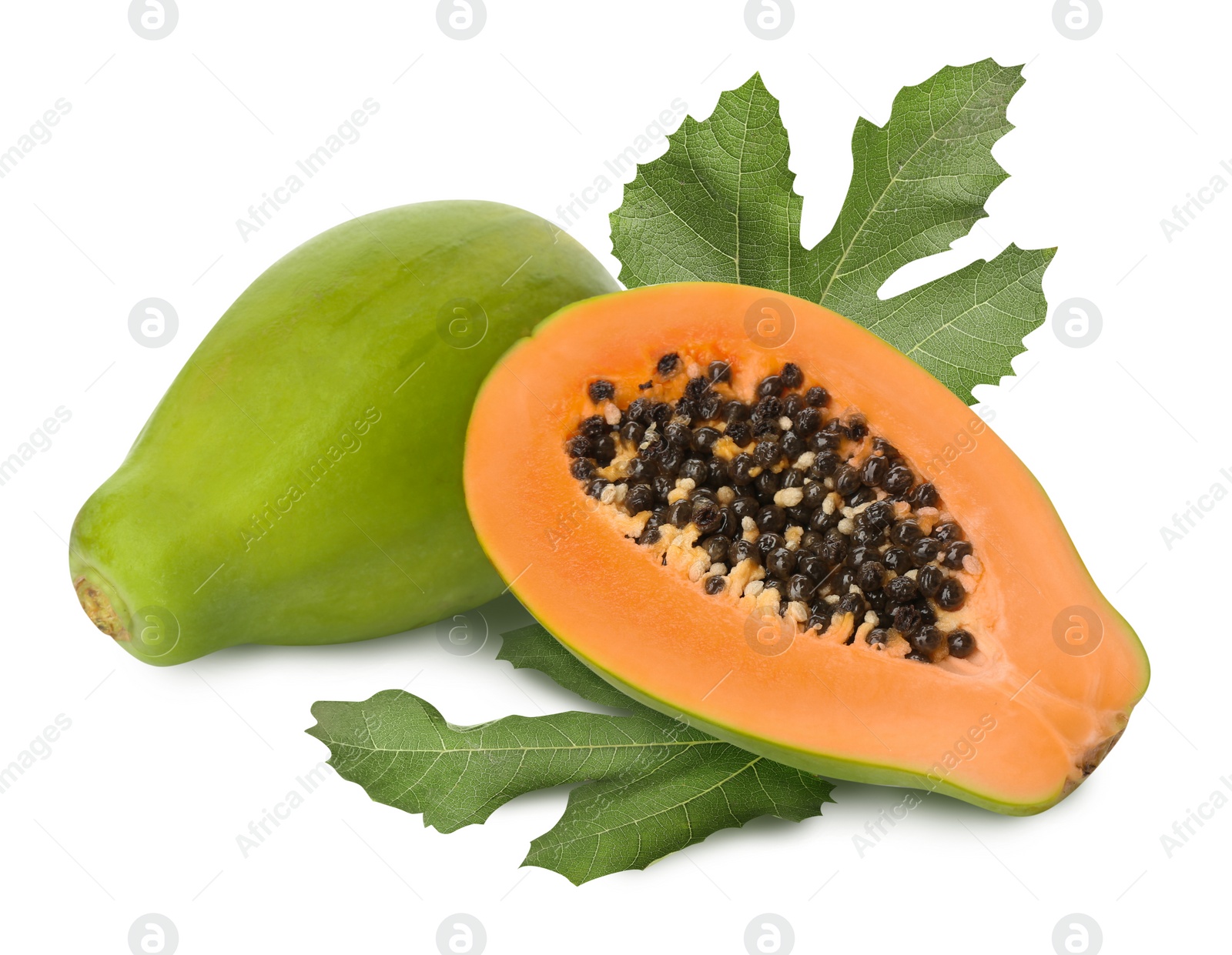 Image of Fresh ripe papaya fruits and green leaves on white background