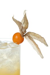 Photo of Refreshing cocktail decorated with physalis fruit on white background, closeup