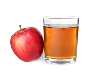 Photo of Glass of apple juice and fresh fruit on white background