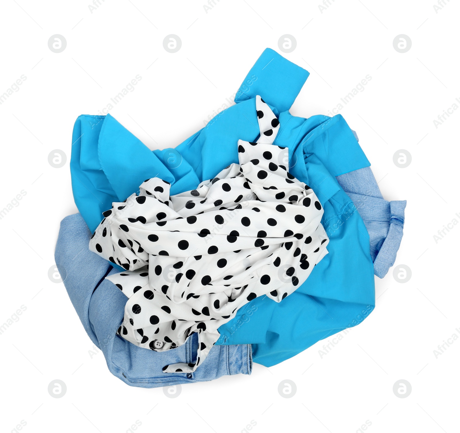 Photo of Pile of clothes isolated on white, top view