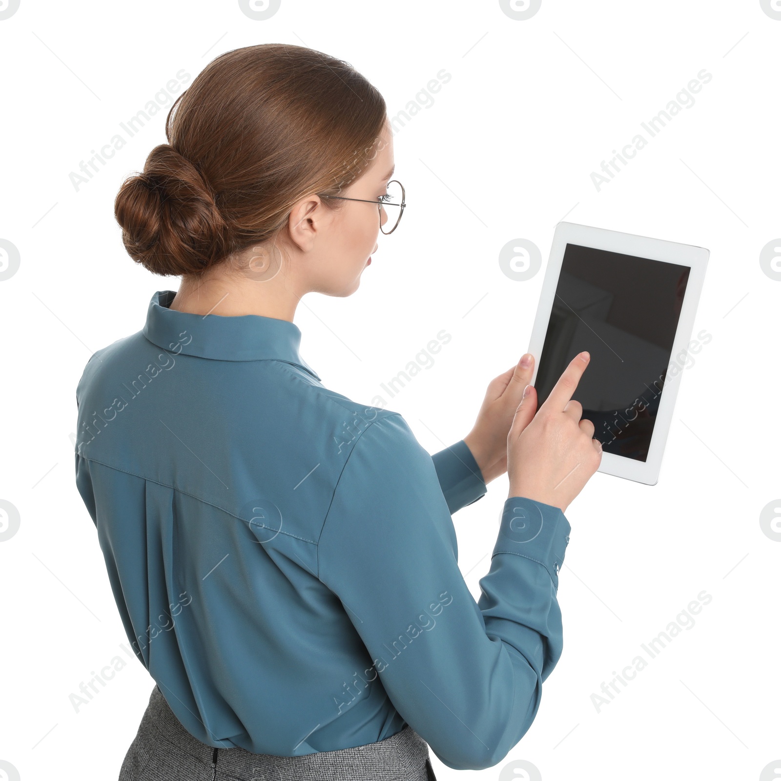 Photo of Young businesswoman with tablet on white background