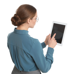 Photo of Young businesswoman with tablet on white background