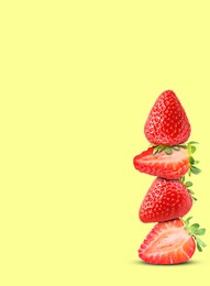 Image of Stack of fresh strawberries on light yellow background, space for text