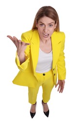 Photo of Angry businesswoman on white background, above view
