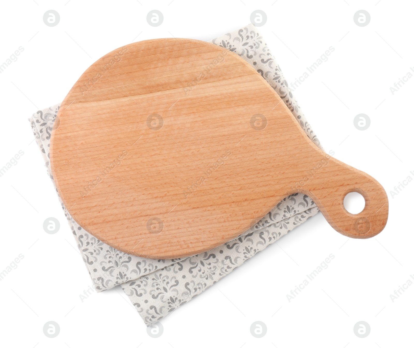 Photo of Wooden cutting board and napkin isolated on white, top view