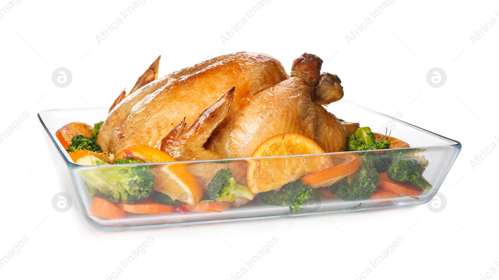 Photo of Roasted chicken with oranges and vegetables isolated on white