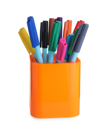 Photo of Many colorful pencils in orange holder isolated on white. School stationery
