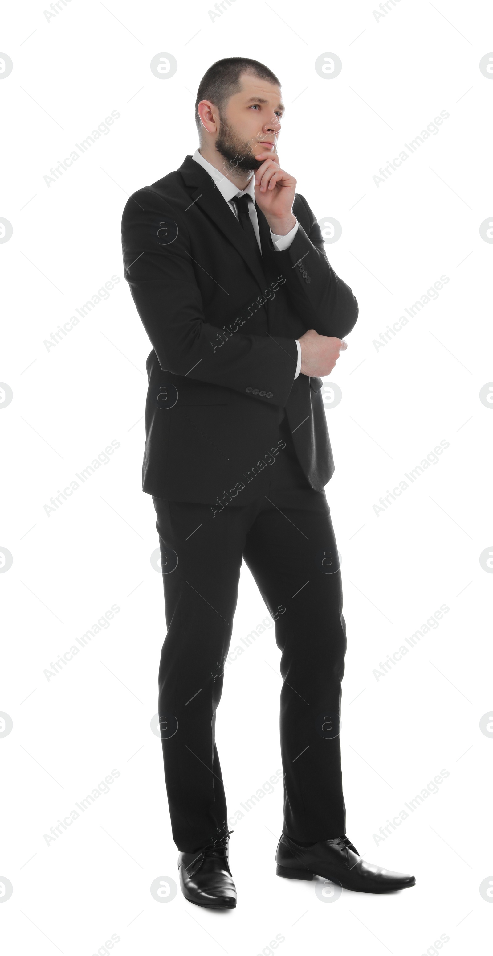 Photo of Thoughtful businessman in suit on white background