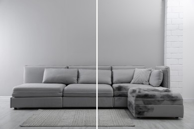 Image of Sofa before and after dry-cleaning indoors, collage