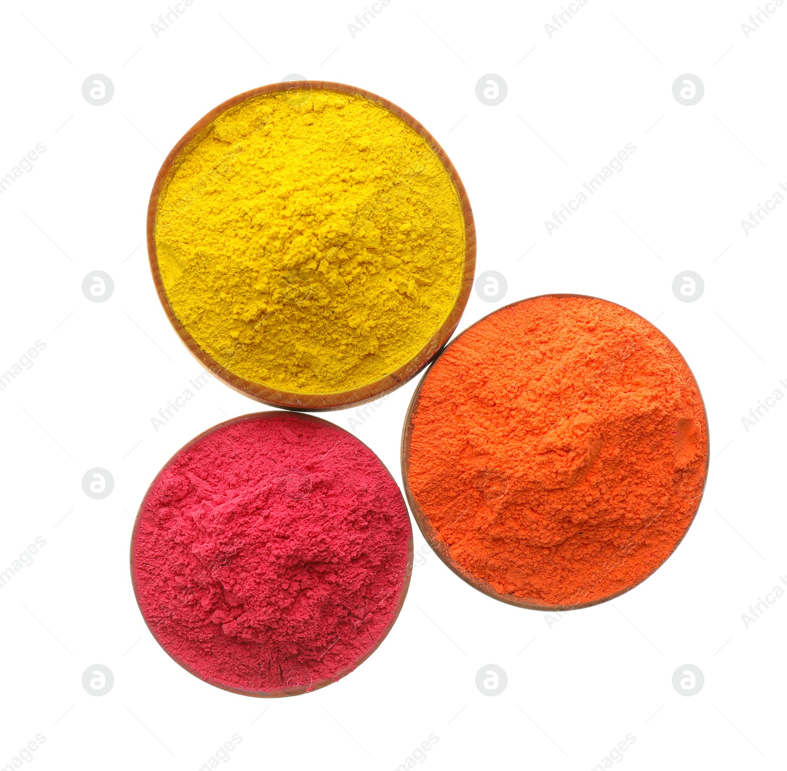 Photo of Colorful powders in bowls on white background, top view. Holi festival celebration