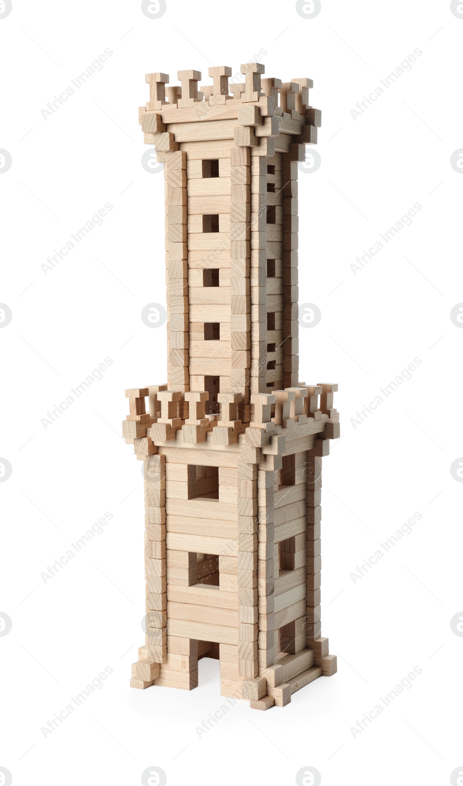 Photo of Wooden tower isolated on white. Children's toy