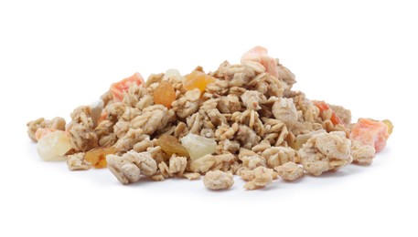 Photo of Pile of granola on white background. Healthy snack