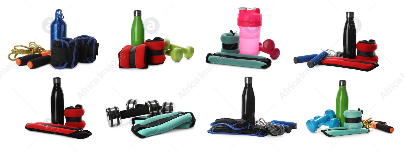 Image of Set with weighting agents and other sports equipment on white background. Banner design