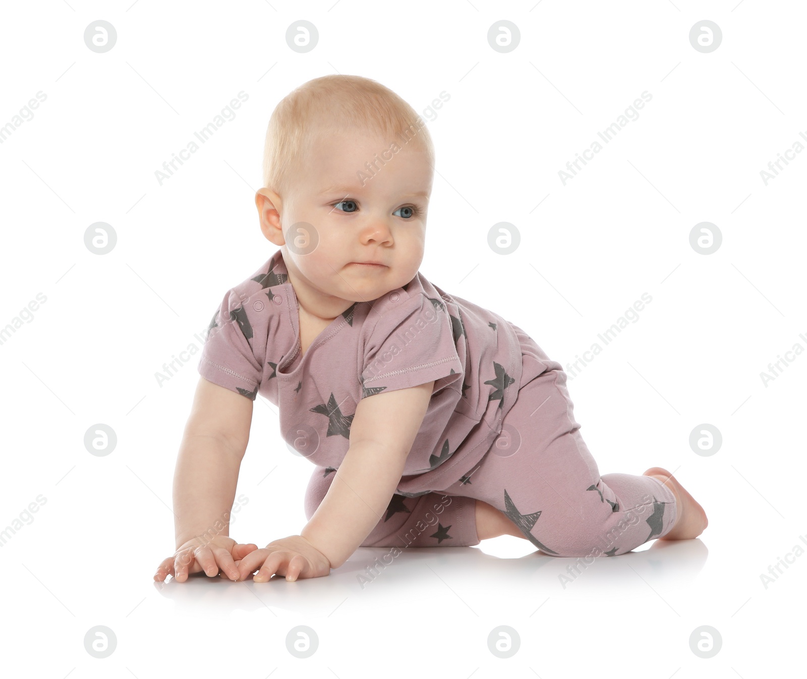 Photo of Cute little baby crawling on white background