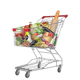 Shopping cart with groceries on white background