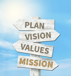 Image of Mission concept. Wooden signpost with different directions against blue sky