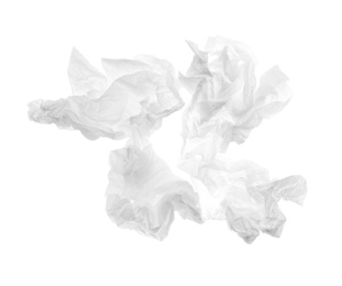 Photo of Used crumpled paper tissues isolated on white, top view