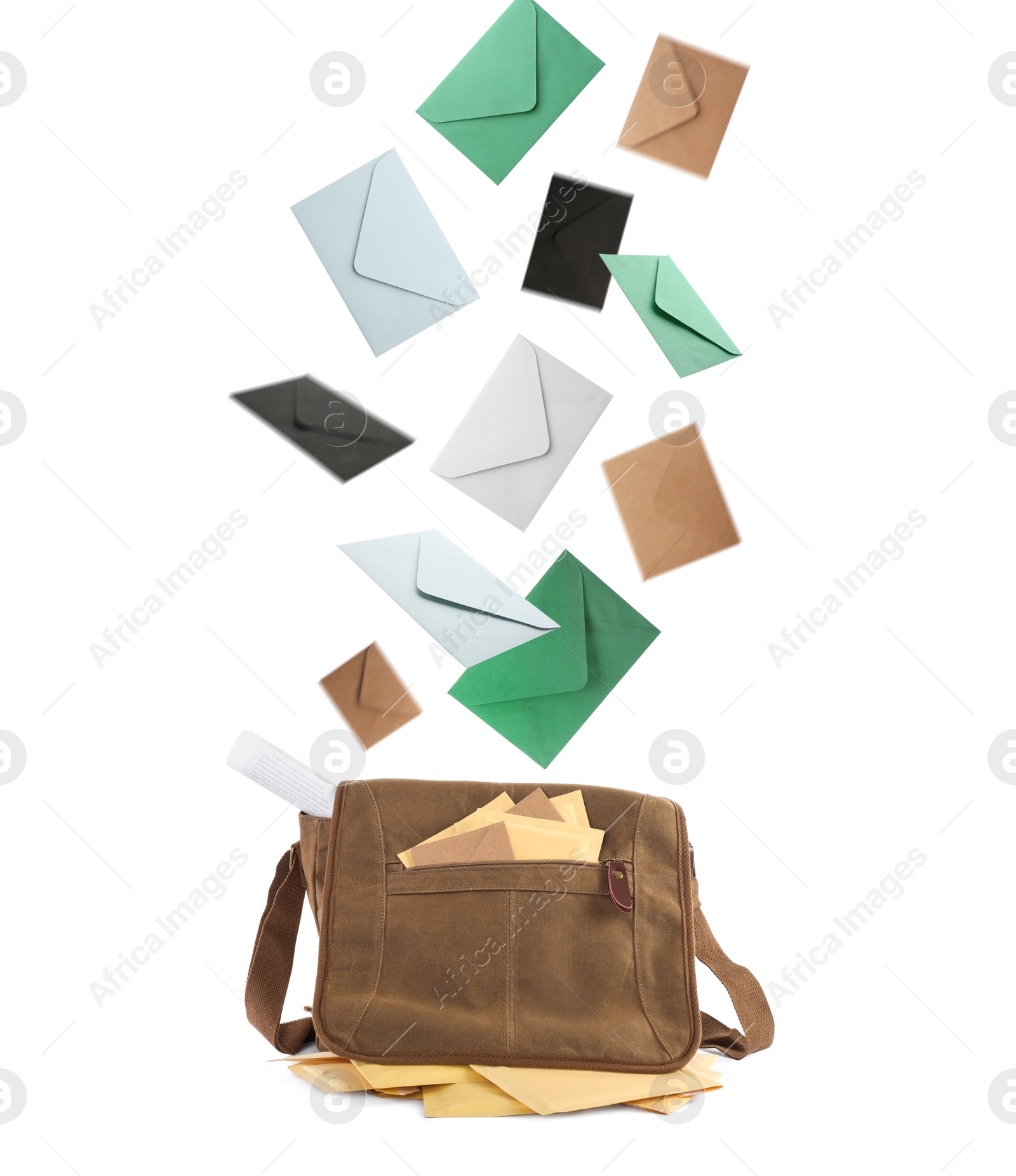 Image of Many different envelopes falling into brown postman's bag on white background