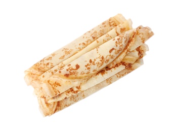 Photo of Tasty thin pancake rolls on white background, top view