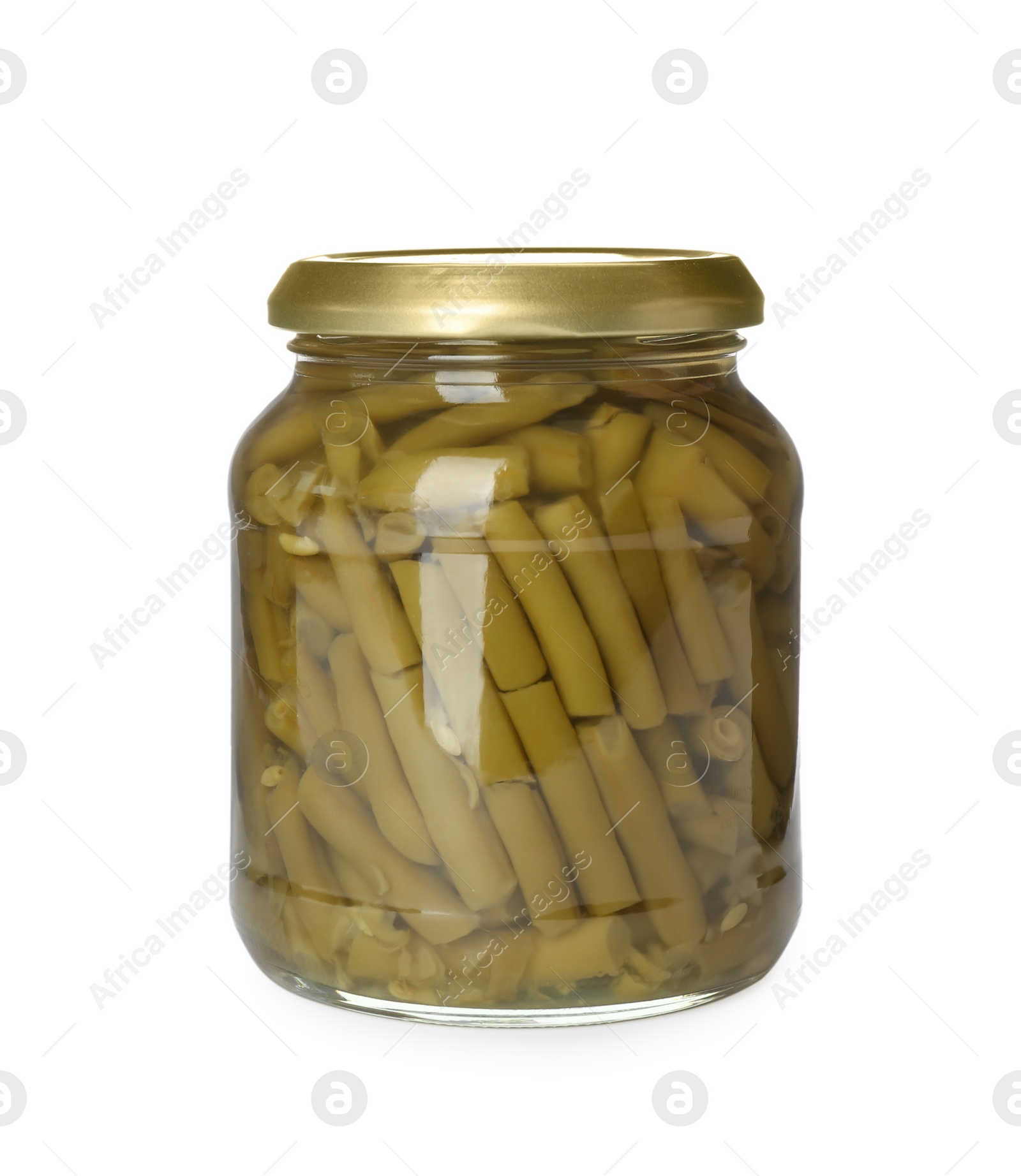 Photo of Canned green beans in jar isolated on white