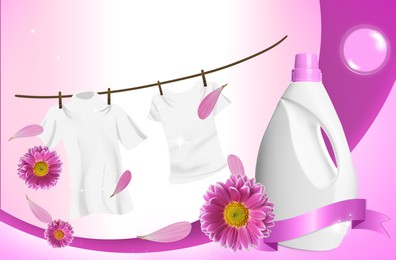 Image of Fabric softener advertising design. Rope with laundry, bottle of conditioner and chrysanthemum flowers on pink background