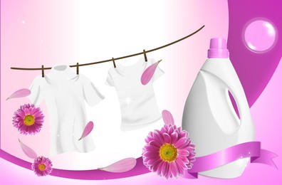 Fabric softener advertising design. Rope with laundry, bottle of conditioner and chrysanthemum flowers on pink background