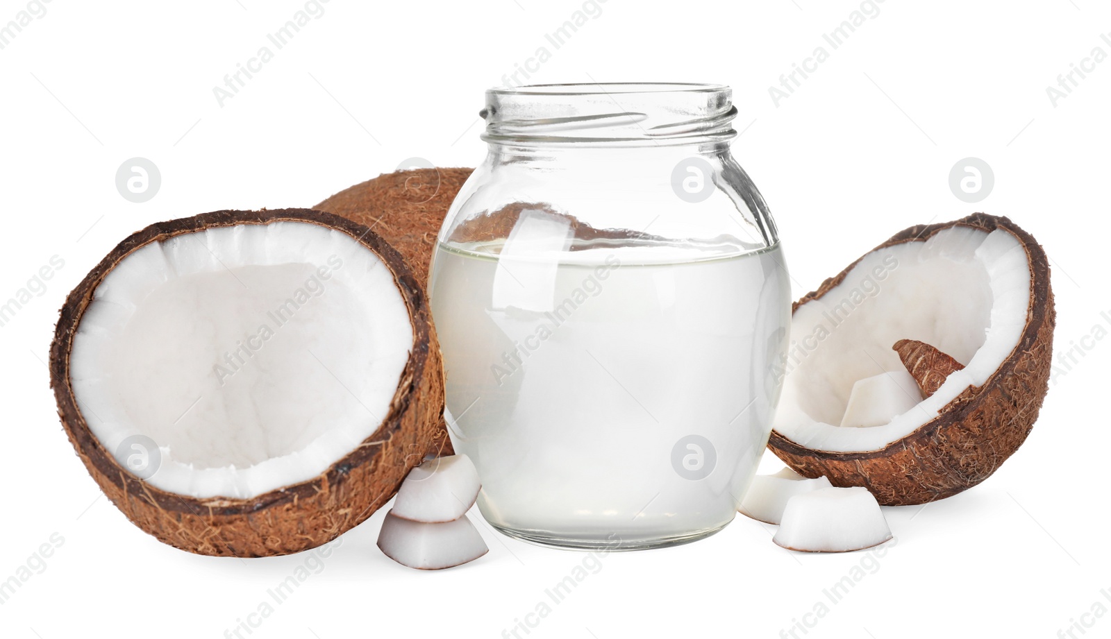 Photo of Composition with coconut oil on white background