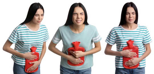 Image of Woman with hot water bottle on white background, collage. Banner design 