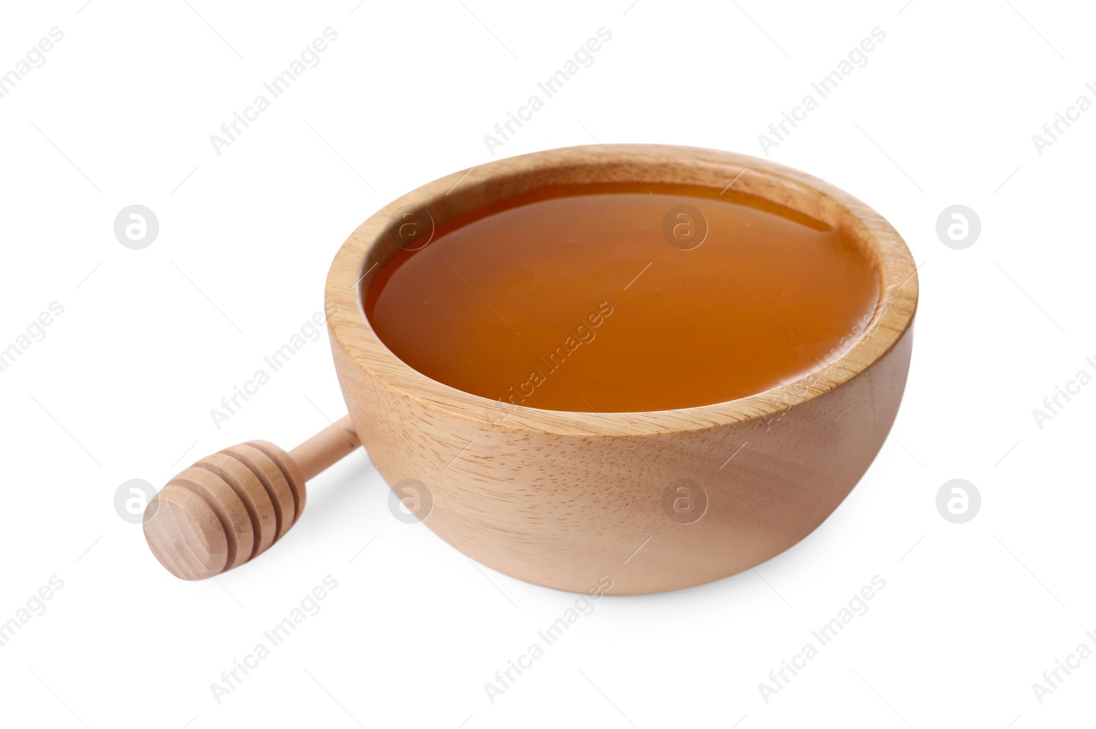 Photo of Tasty honey in bowl and dipper isolated on white