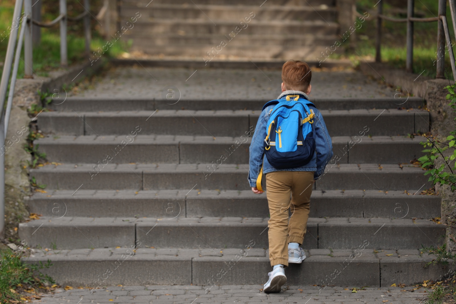 Photo of Little boy with backpack going to school, back view