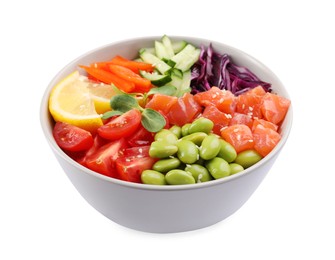 Photo of Poke bowl with salmon, edamame beans and vegetables isolated on white