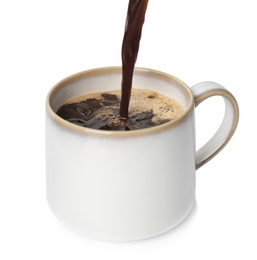 Pouring aromatic hot coffee into cup on white background