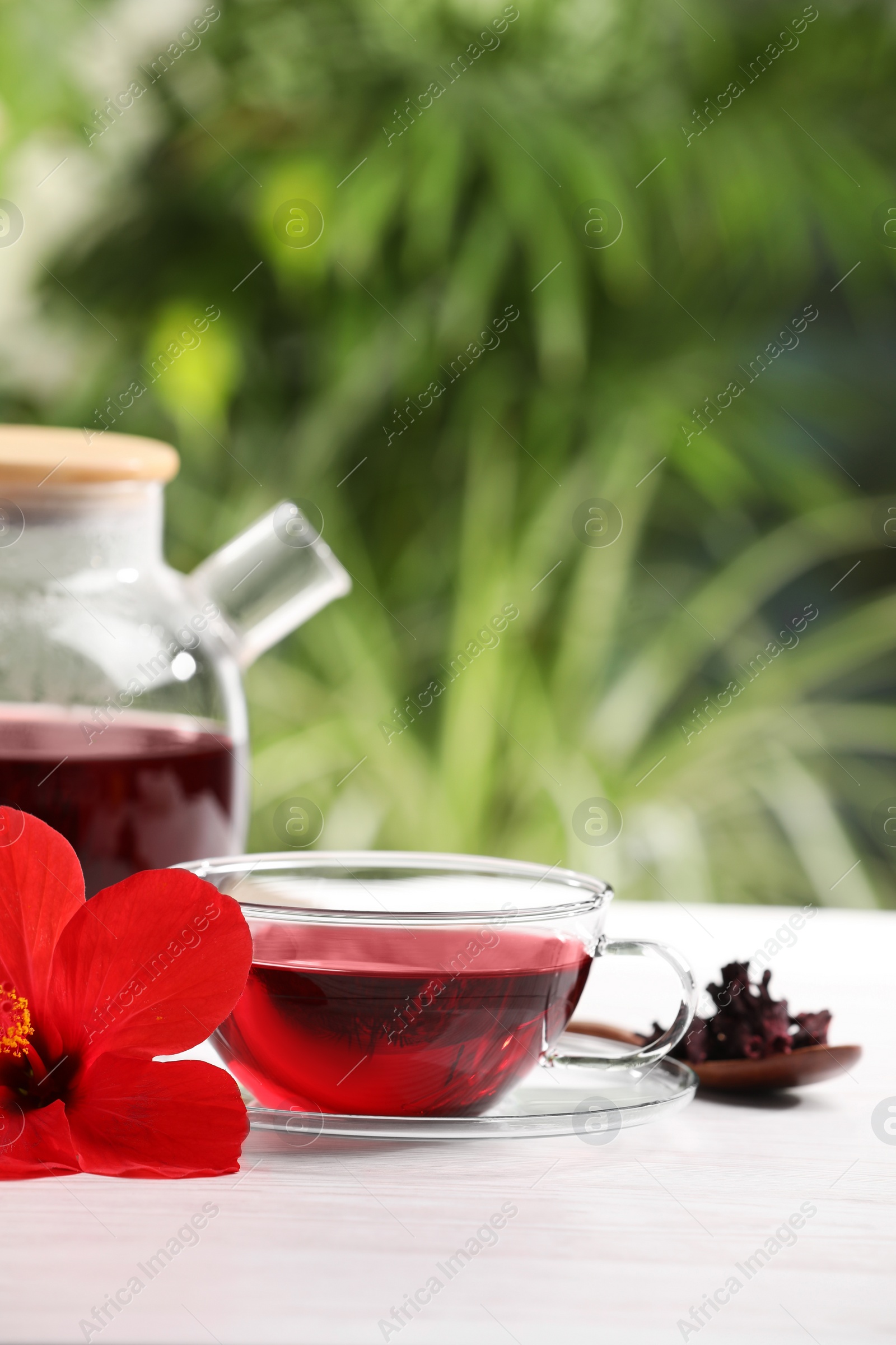 Photo of Delicious hibiscus tea and flowers on white wooden table outdoors, space for text