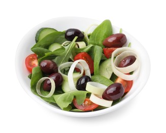 Photo of Bowl of tasty salad with leek and olives isolated on white