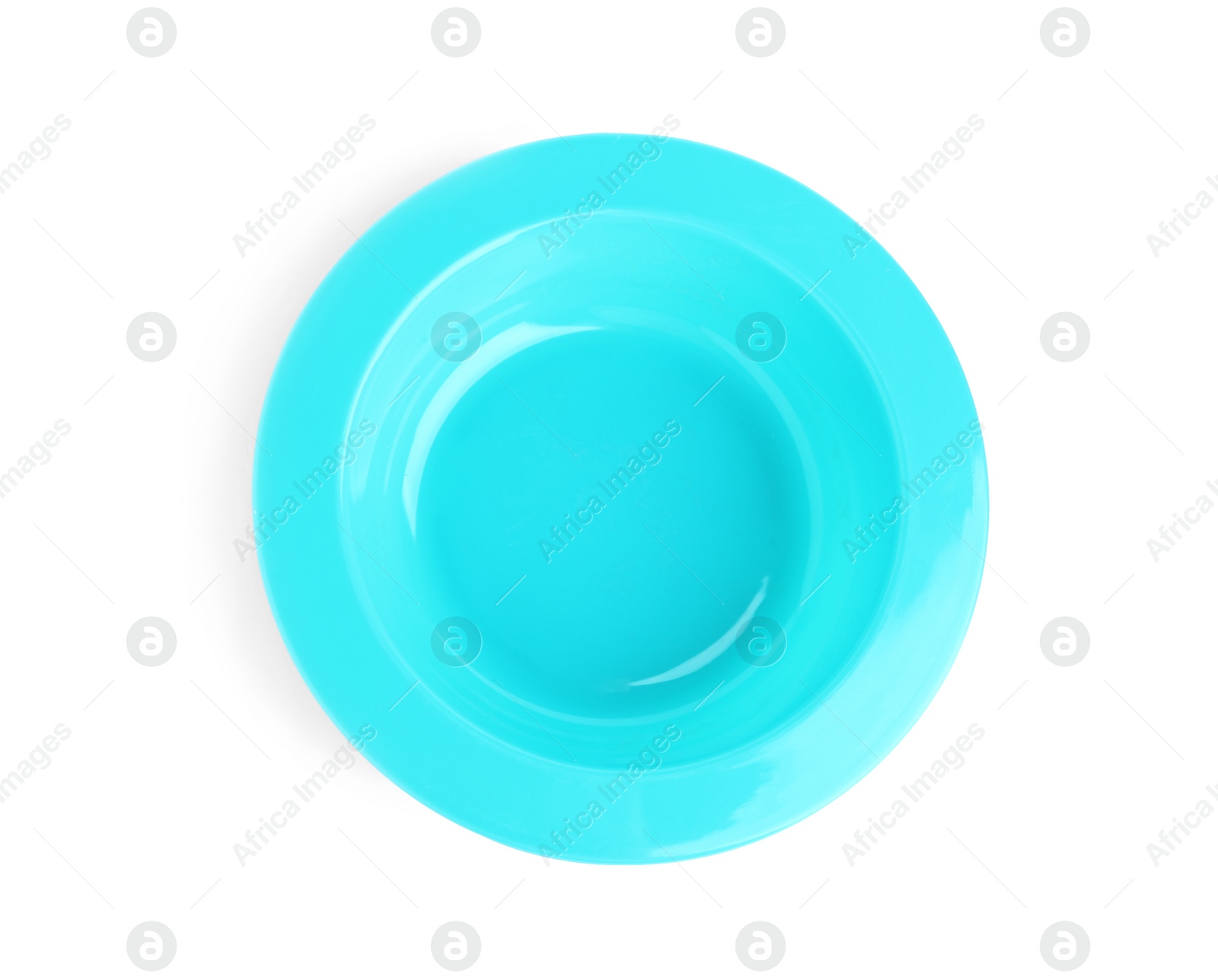 Photo of Blue plastic bowl isolated on white, top view. Serving baby food