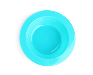 Blue plastic bowl isolated on white, top view. Serving baby food
