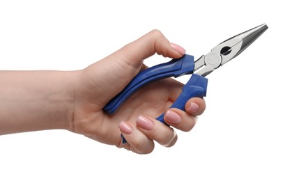 Photo of Woman with needle nose pliers on white background, closeup