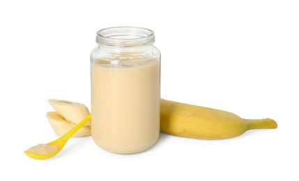 Photo of Tasty baby food in jar and fresh banana isolated on white