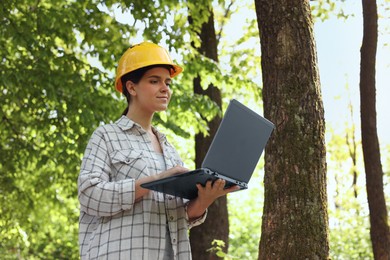 Photo of Forester in hard hat with laptop working in forest