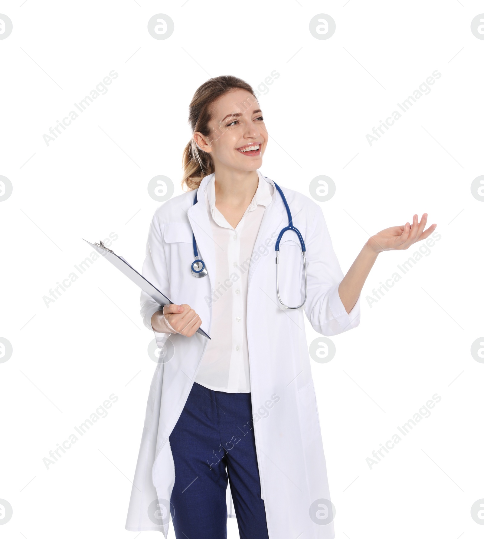 Photo of Portrait of medical doctor with clipboard and stethoscope isolated on white