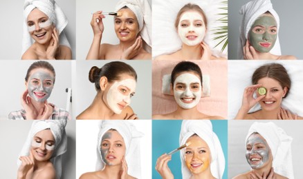 Image of Collage with photos of women with cleansing and moisturizing masks on faces