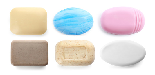 Image of Set of different soap bars on white background, top view